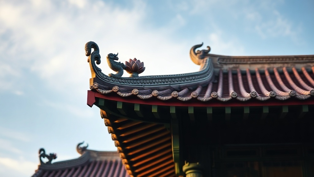 Toiture courbée d'un temple bouddhiste chinois avec tuiles vernissées et décors en céramique