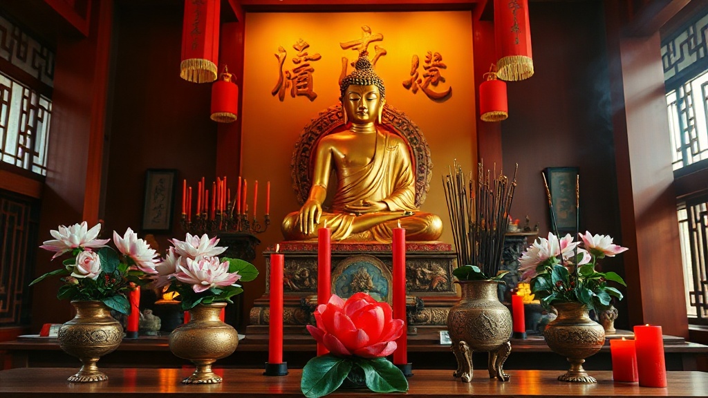 Autel intérieur d'un temple bouddhiste avec statue de Bouddha dorée et offrandes de fleurs de lotus