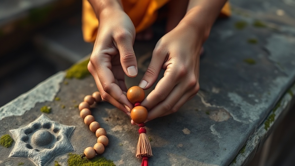 Mains tenant un chapelet mala en bois posé sur une marche de pierre d'un temple bouddhiste