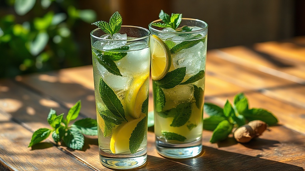 Deux verres de mojito au thé vert avec menthe fraîche et glaçons