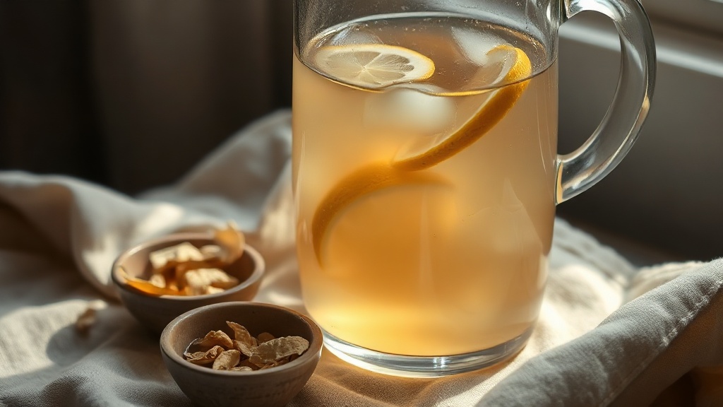 Pichet d'Earl Grey infusé à froid avec des tranches de citron, prêt pour un cocktail