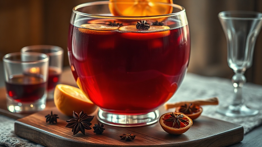 Punch à l'hibiscus rouge profond avec tranches d'orange et badiane dans une coupe en verre
