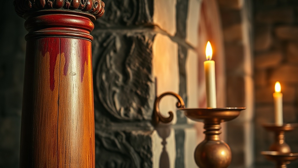 Détail architectural intérieur tibétain : pilier sculpté et lampe à beurre en cuivre