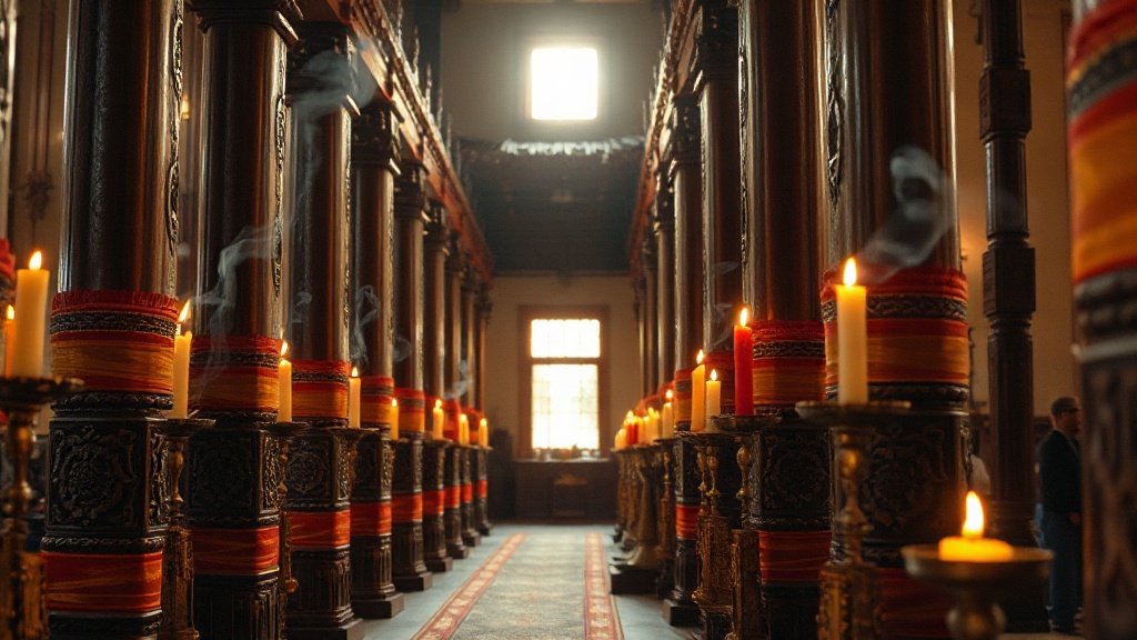 Intérieur du hall principal d'un temple bouddhiste tibétain avec colonnes laquées et bougies à beurre de yak