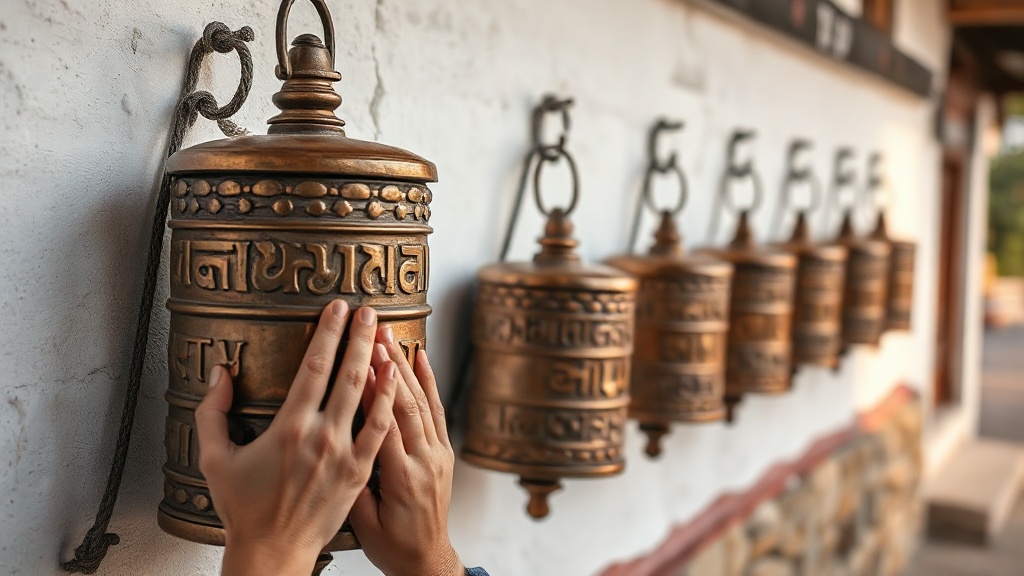 Mains actionnant des roues à prières en cuivre sur le mur d'enceinte d'un temple tibétain