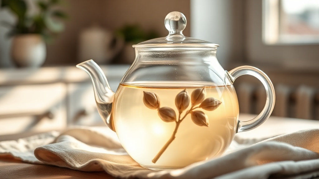 Infusion de thé blanc dans une théière en verre, couleur jaune très pâle et bourgeons qui s'ouvrent