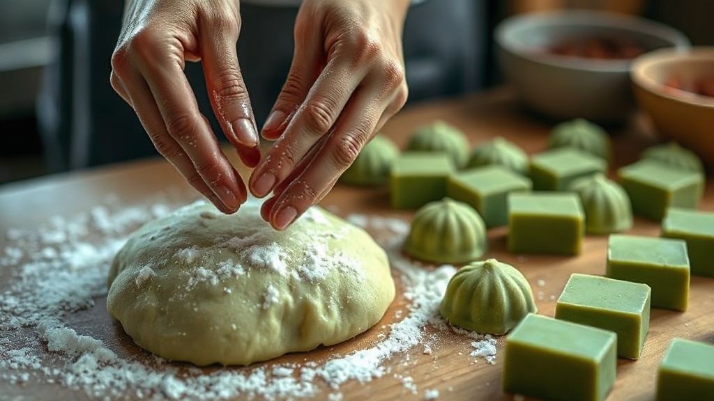 Mains saupoudrant de fécule des mochis au matcha maison sur plan de travail bois