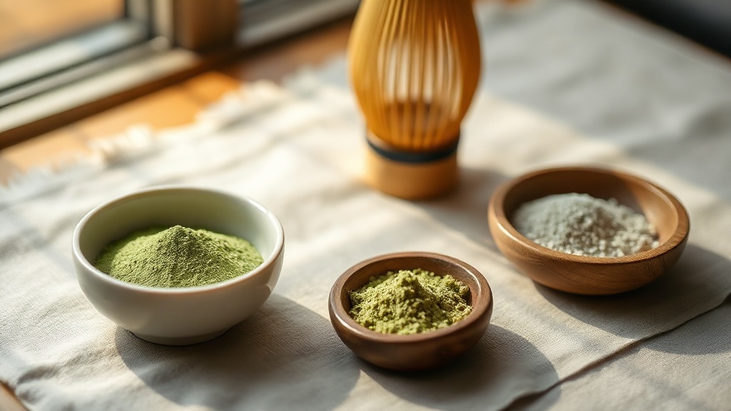 Bol de poudre de matcha et chasen en bambou posés sur un linge en lin