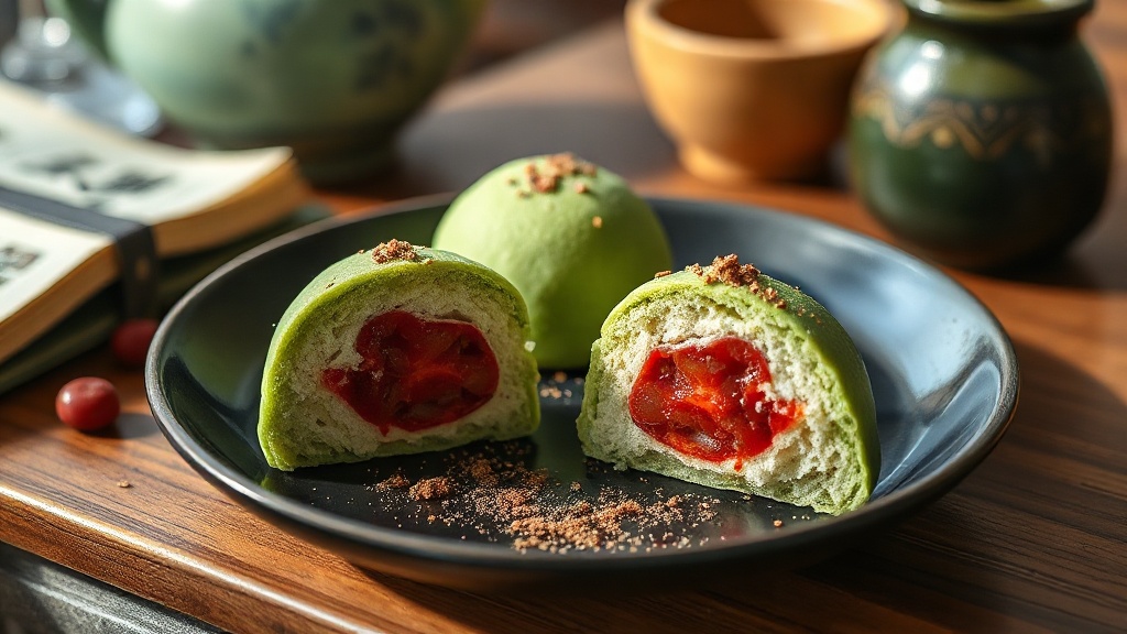 Mochi matcha coupé en deux révélant une garniture d'anko rouge sur assiette en céramique