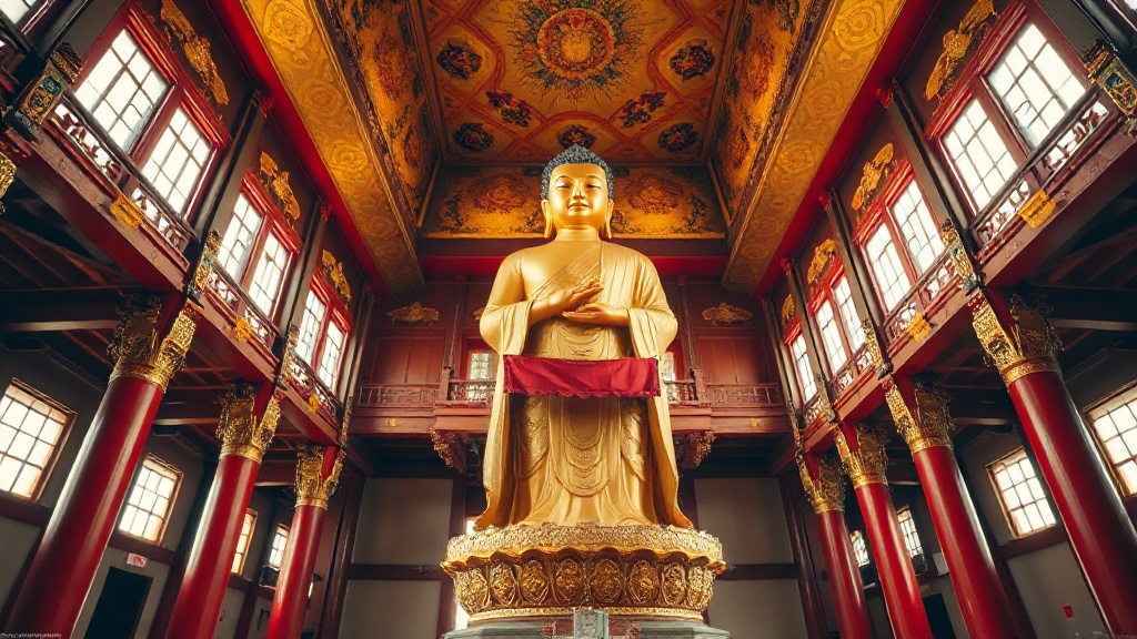 Statue dorée de Maitreya vue du bas dans la grande salle d'un temple bouddhiste chinois