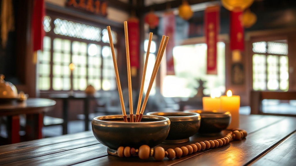 Objets rituels bouddhistes devant un autel dans un temple chinois : encens, bol d'offrande et mala