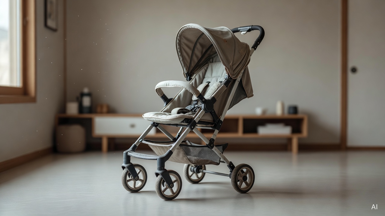 second-hand stroller with visible frame and wheels displayed on a clean floor indoors