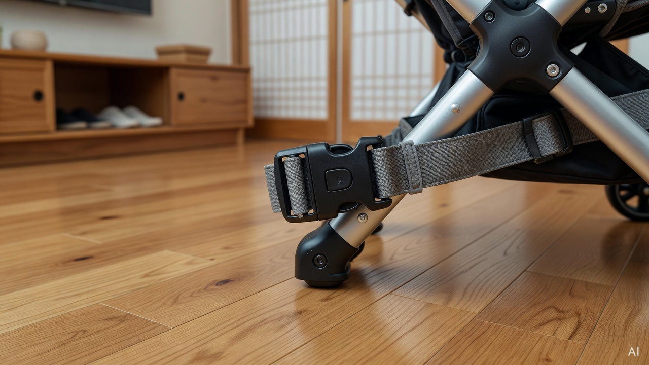 close-up of stroller harness buckle and frame joint on a wooden floor