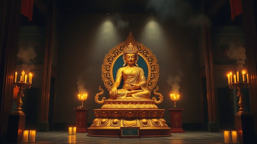 Statue dorée du bodhisattva Mañjuśrī sur trône de lotus dans un hall de temple bouddhiste chinois