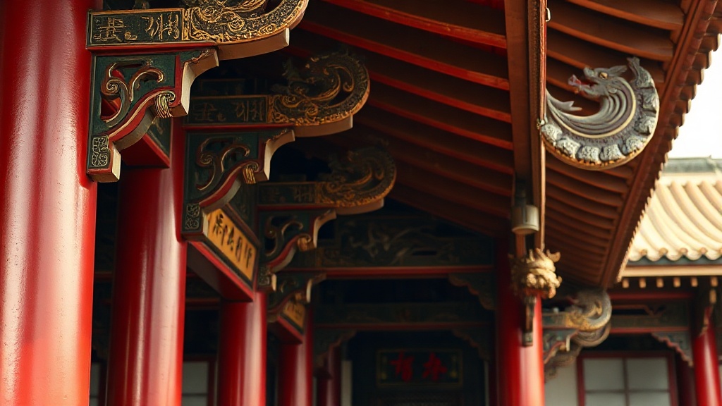 Détail des bras de soutien en bois (dougong) d'un temple bouddhiste Tang au mont Wutai, Chine