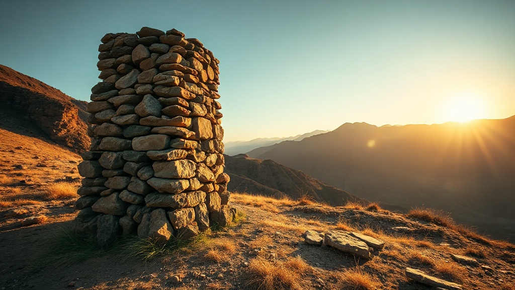 Ancient stone tower on a Tibetan hillside, hand-stacked rough stones, reminiscent of the Sekhar Gutok built by Milarepa