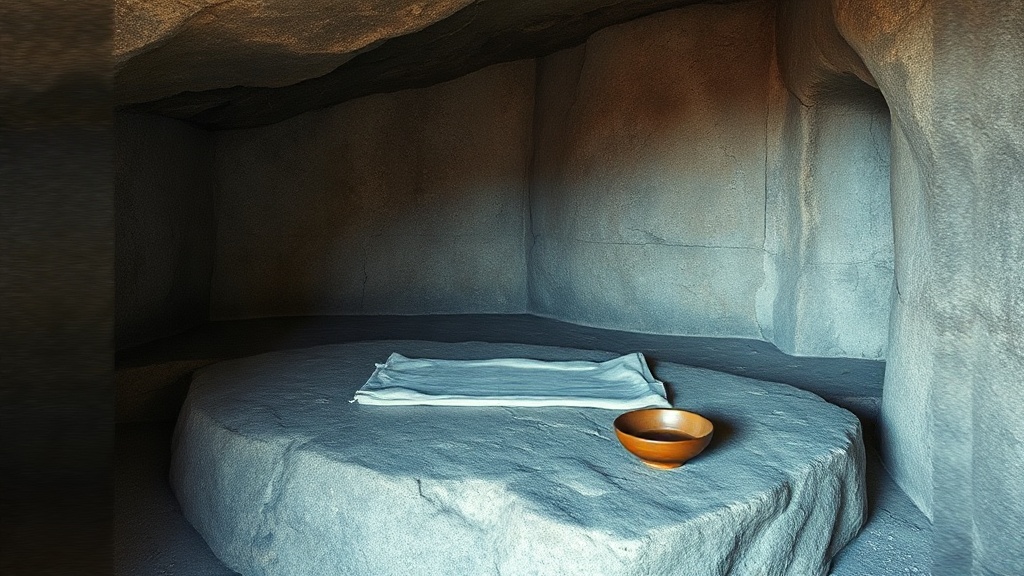 Interior of a sparse Himalayan meditation cave with a thin cotton cloth and clay bowl, evoking Milarepa's years of solitary practice