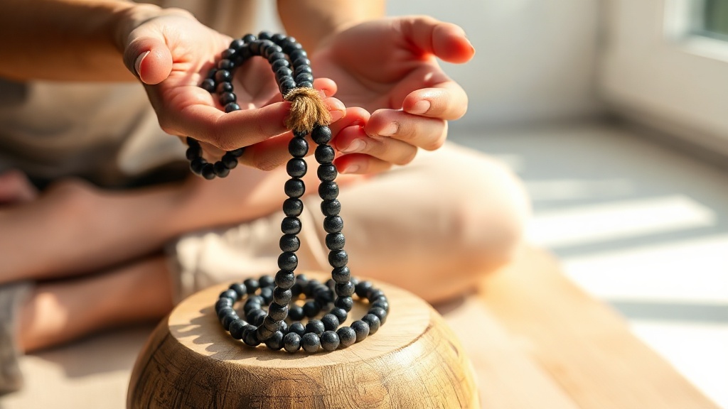 Hands holding a polished hematite mala bead strand over a wooden meditation surface