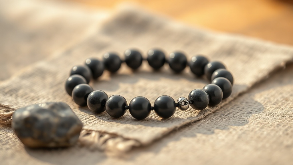 Polished hematite bead bracelet resting on natural linen beside a raw hematite stone, showing bead quality and clasp detail