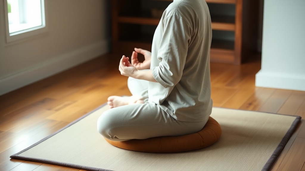 Person seated in Burmese posture on zafu and zabuton, hands in meditation mudra