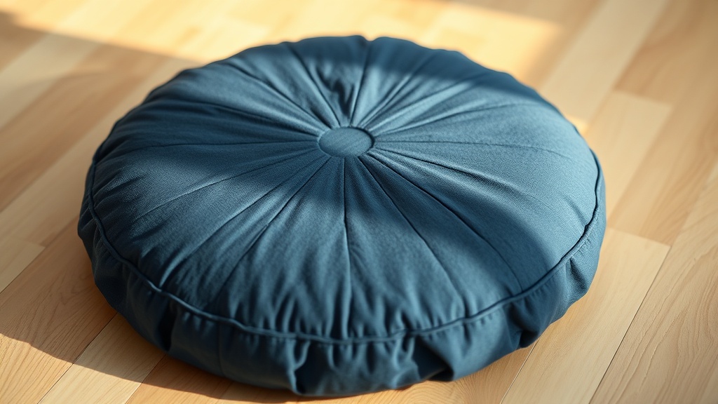 Round buckwheat zafu meditation cushion in natural indigo cotton on wooden floor