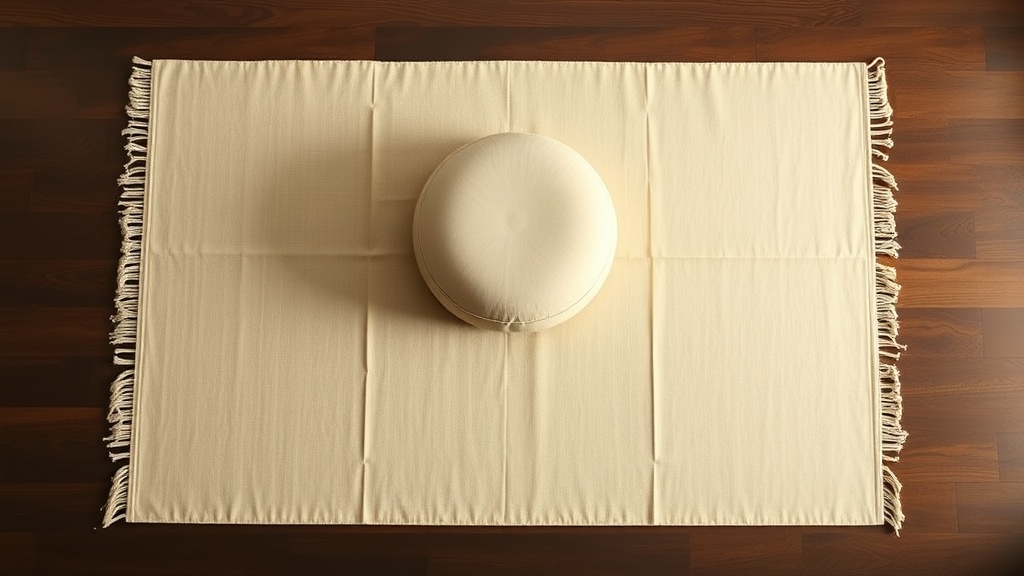 Zabuton mat with zafu cushion centered on top, overhead view on dark hardwood floor