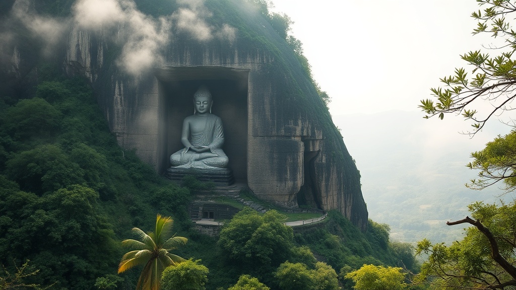 Grande statue de Bouddha taillée dans la falaise, entourée de végétation et de brume, style Leshan
