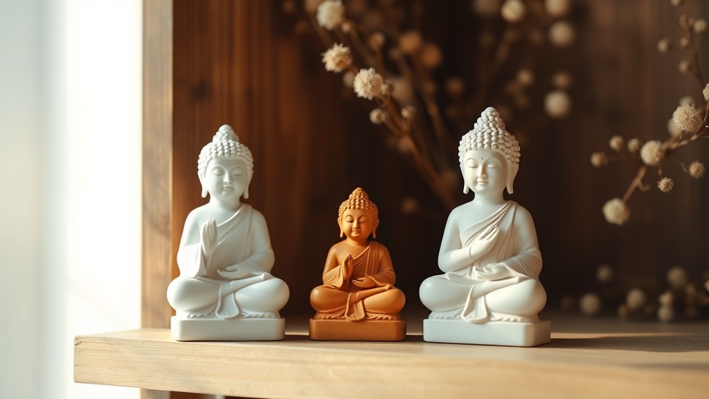 Trois statues de Bouddha de couleurs différentes sur une étagère en bois avec végétaux secs
