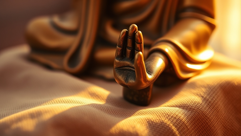 Détail des mains d'une statue de Bouddha en Dharmachakra mudra, bronze patiné sur tissu lin