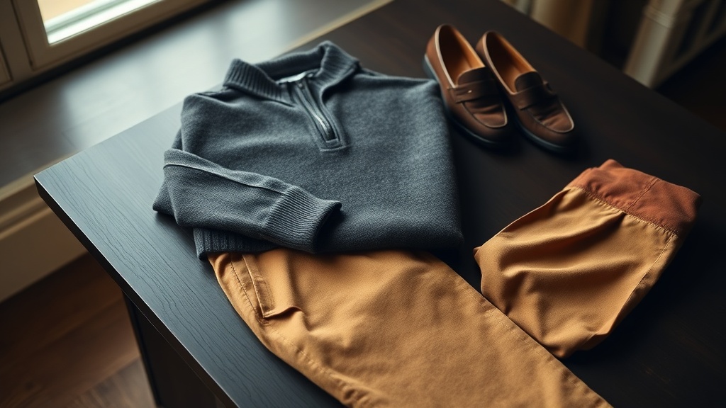 Charcoal wool half-zip sweater folded beside camel cashmere joggers and suede loafers on a wooden surface