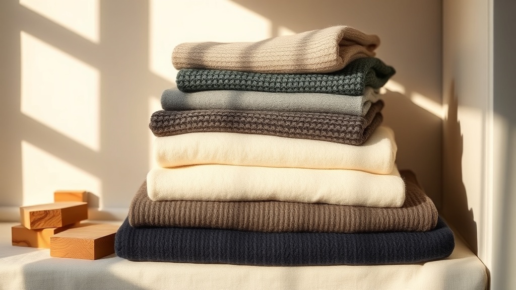Folded cashmere garments in ivory, charcoal, and navy stacked on a linen shelf with cedar storage blocks