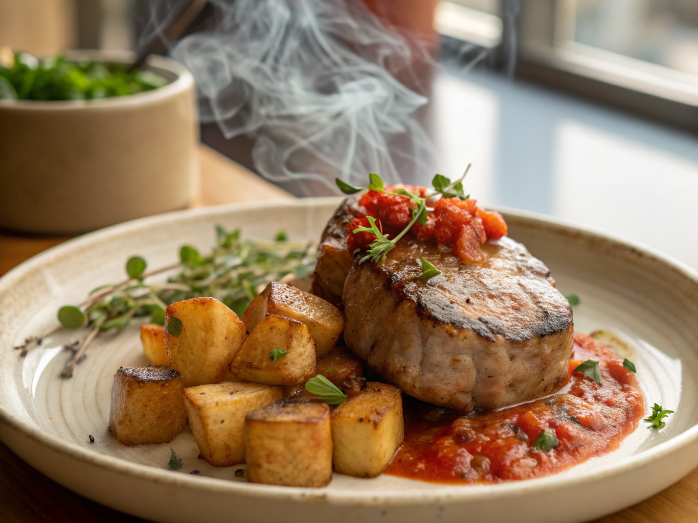 Seared Iberian Pork with Piquillo Pepper Sauce and Crispy Potatoes