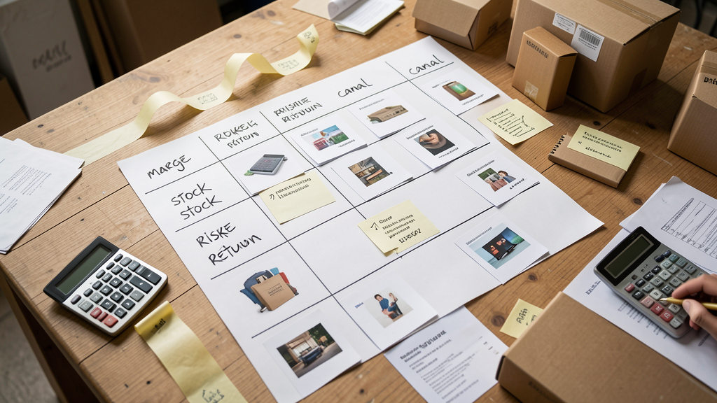 Table de priorisation pour arbitrage marketplace : cartes produits, colonnes marge, risque retour, canal