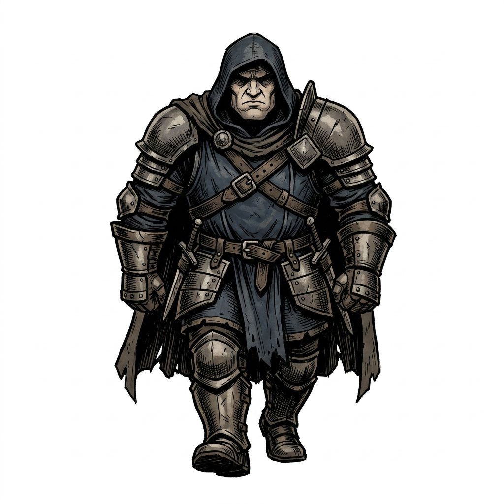 Image: A stout, broad, heavily-armored knight viewed from