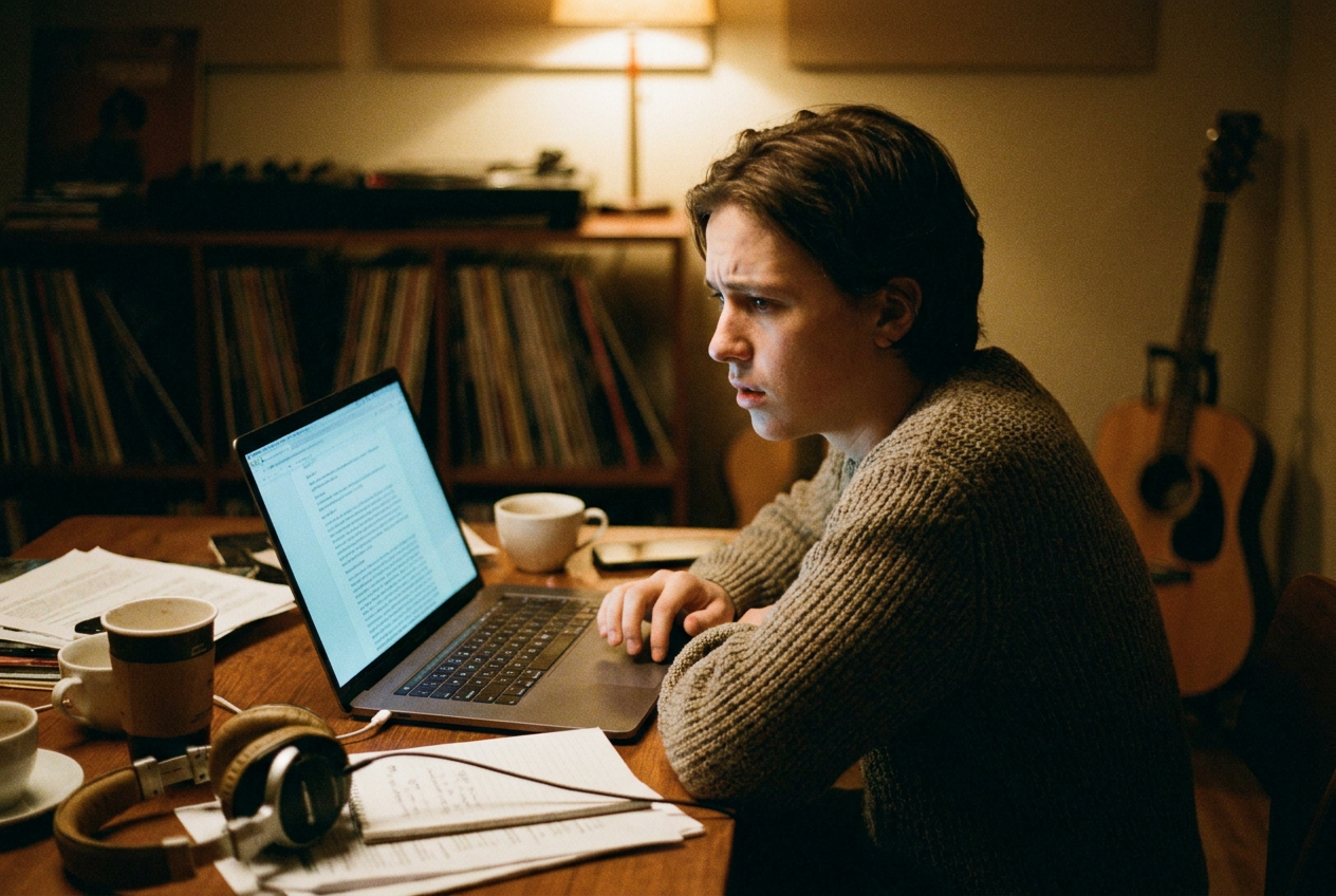 alt text: A musician looking at their laptop screen showing a searchable database of songs, their face illuminated by the screen glow, surrounded by records and instruments in a home studio