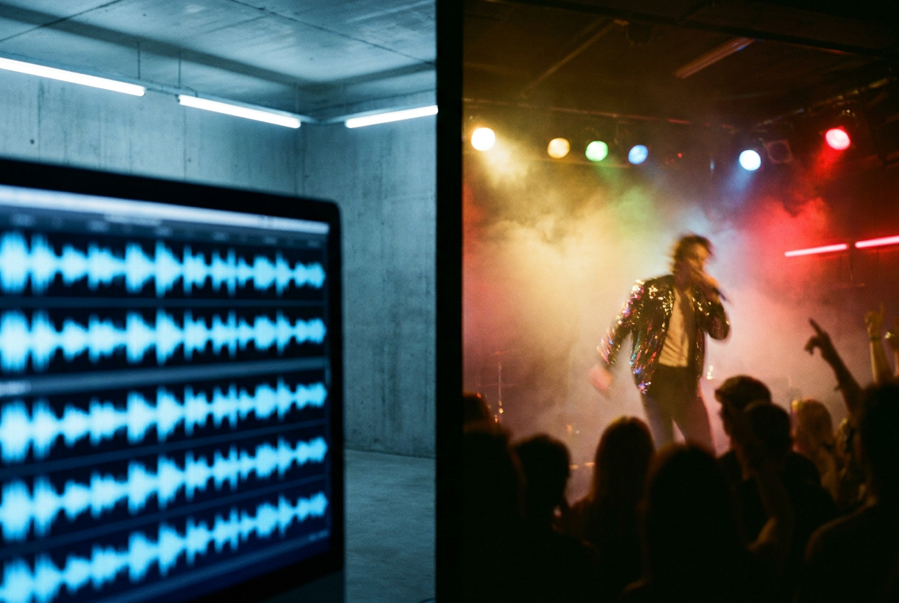 alt text: Split screen showing AI-generated music waveforms on one side and a vibrant music video scene on the other
