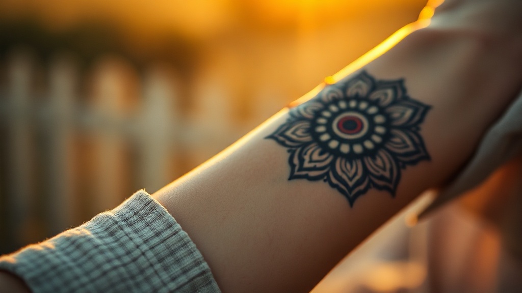 Tatouage mandala en dotwork sur l'avant-bras d'une femme, détail pétales de lotus