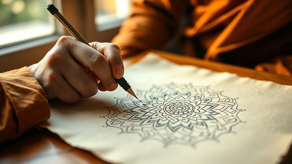 Mains traçant un mandala géométrique à l'encre sur papier parchemin