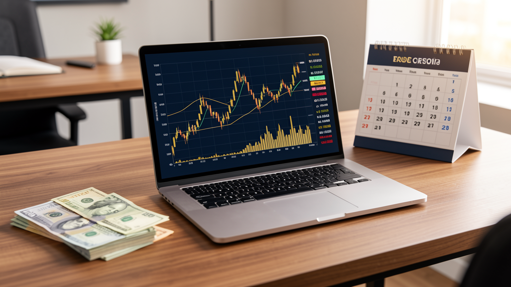 Mesa de investidor com notebook exibindo gráficos de bolsa, reais, dólares e calendário econômico