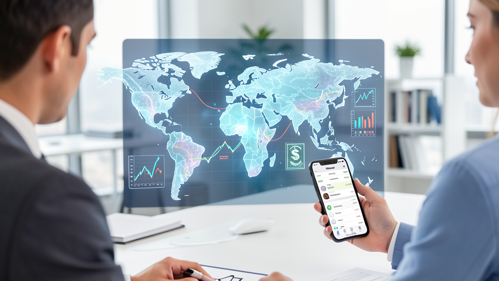 Investidor analisando mercado global, juros, dólar, ações e orçamento pessoal em smartphone