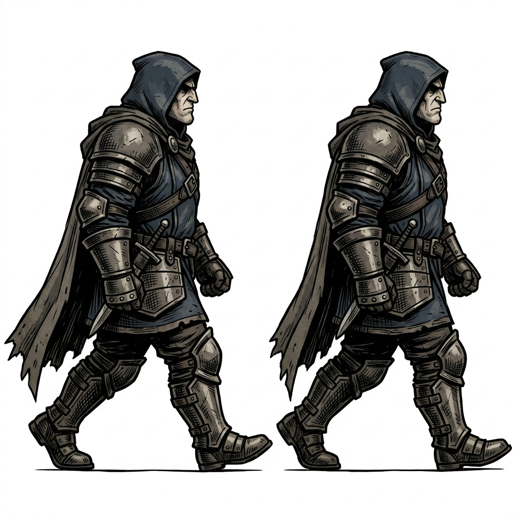 Image: Two frames of the SAME knight side by side in one