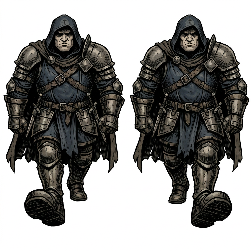 Image: Two frames of the SAME knight side by side in one