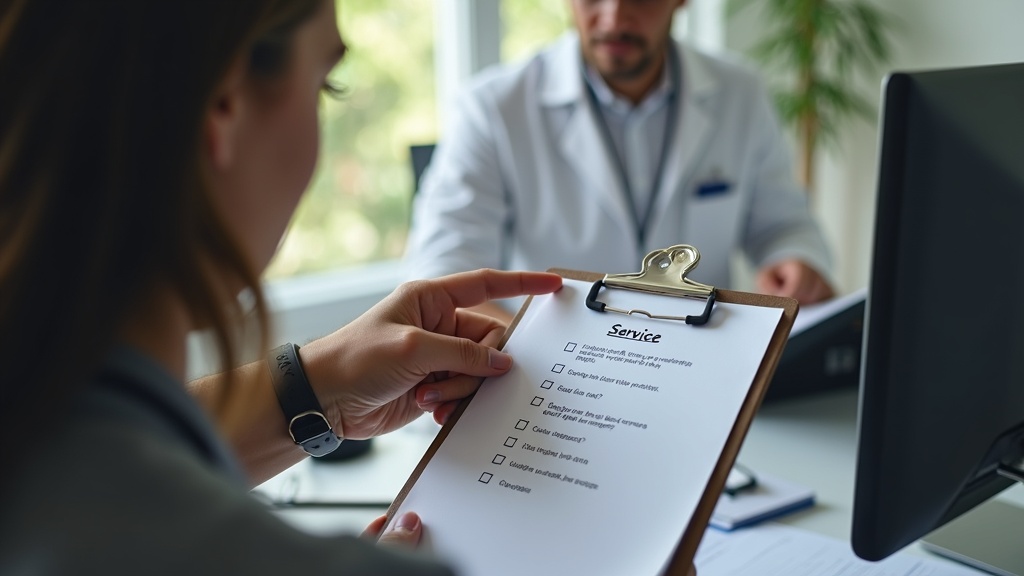 Profissional brasileiro revisando lista de serviços e restrições técnicas em um checklist.