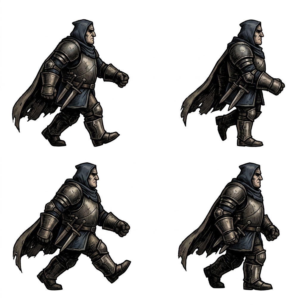 Image: The reference is a line-art walk-cycle guide of 4