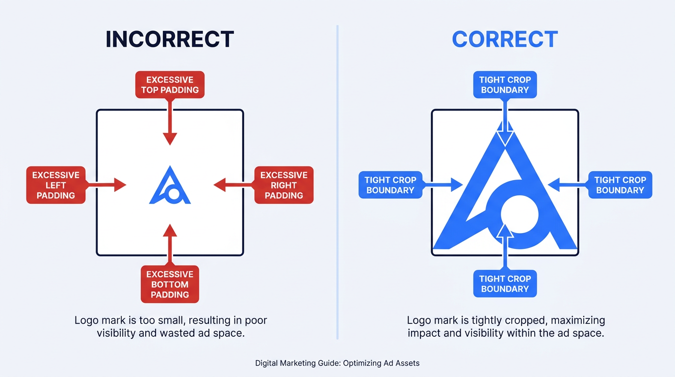 Google Ads logo padding comparison showing correct versus incorrect logo uploads for responsive display ads