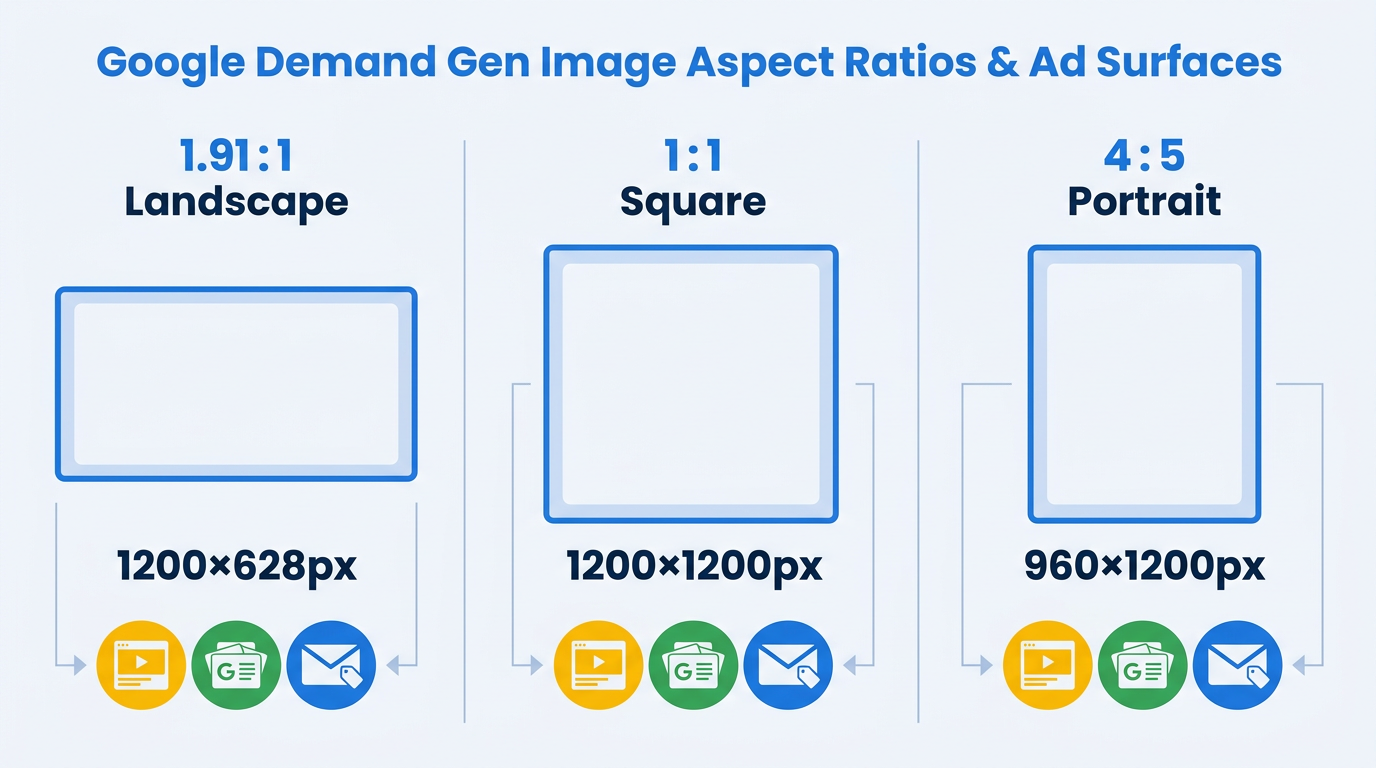 Google Demand Gen ad specs showing image aspect ratios and placement surfaces 2026