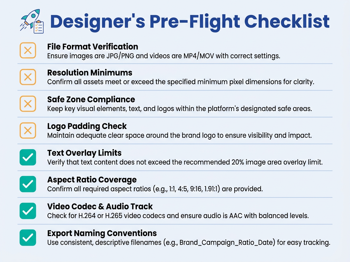 Pre-flight checklist infographic for Google Ads creative asset specs