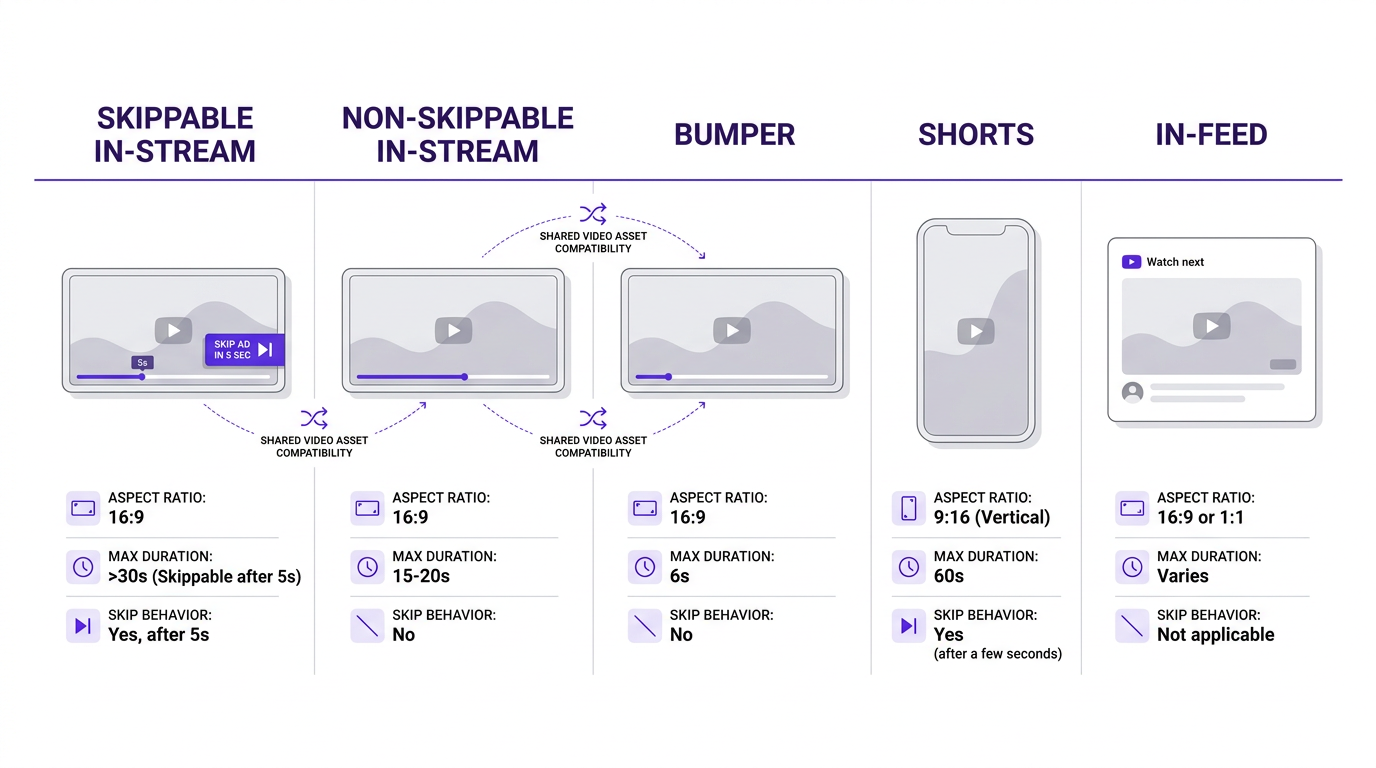 YouTube ad specs format comparison showing aspect ratios and duration limits for 2026