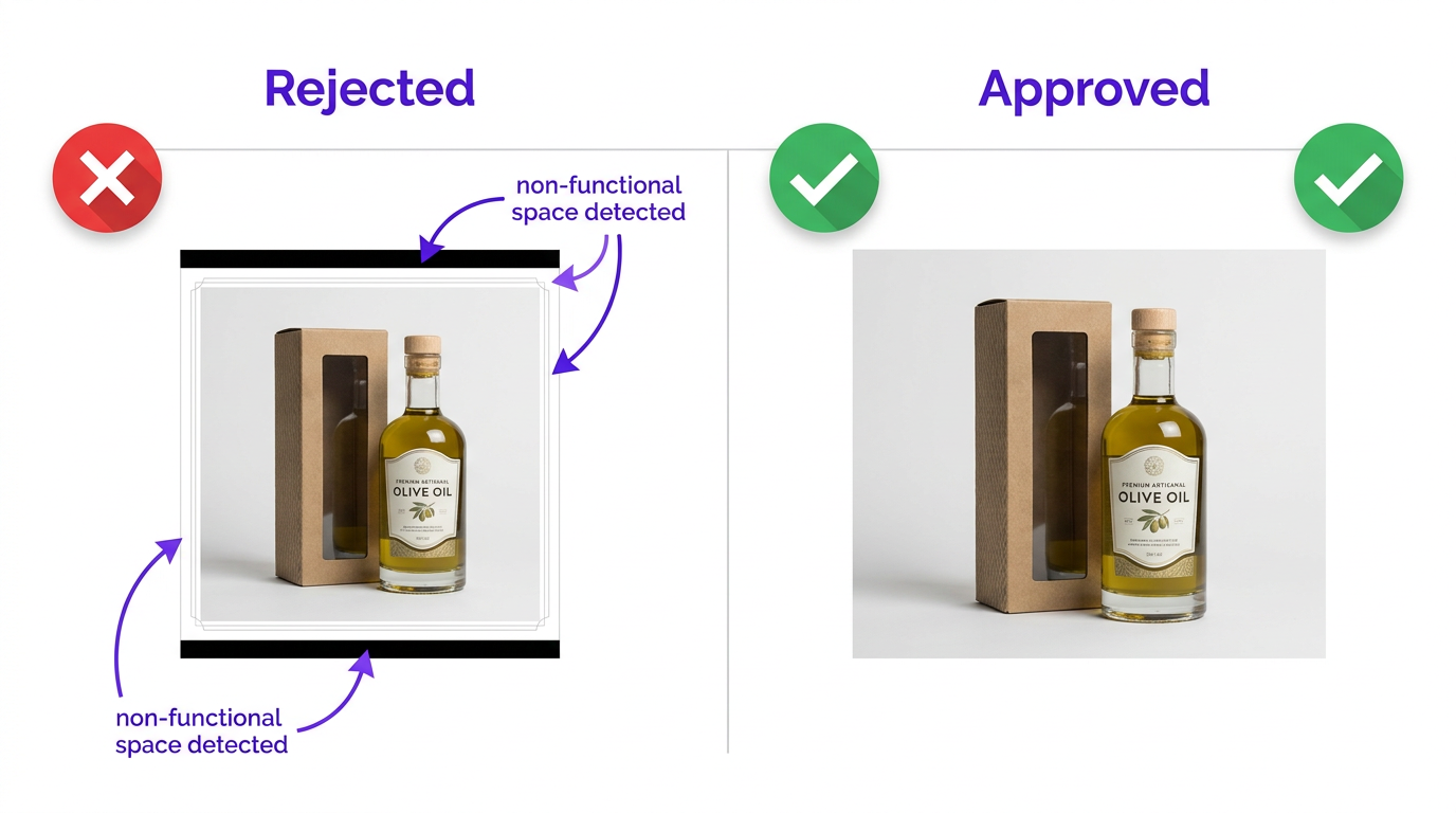 Side-by-side Google Ads image rejection example showing border and letterboxing non-functional space