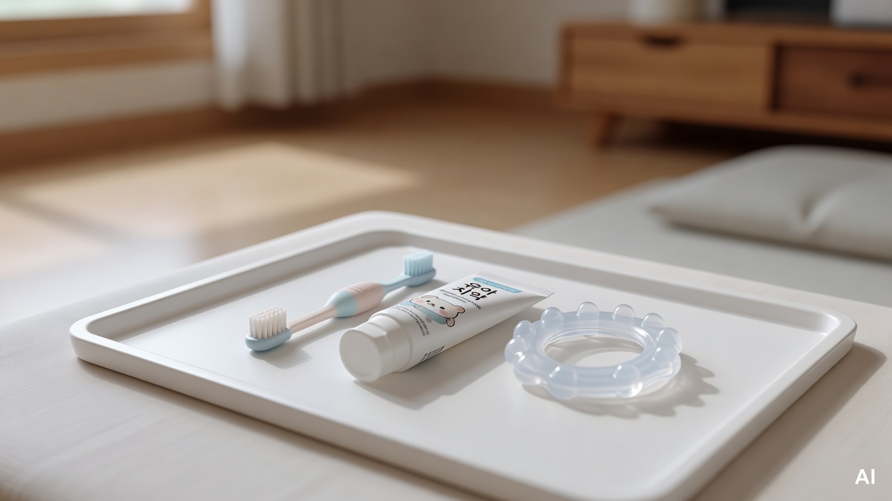 baby toothbrush, small tube of baby toothpaste, and silicone teether arranged on a white tray